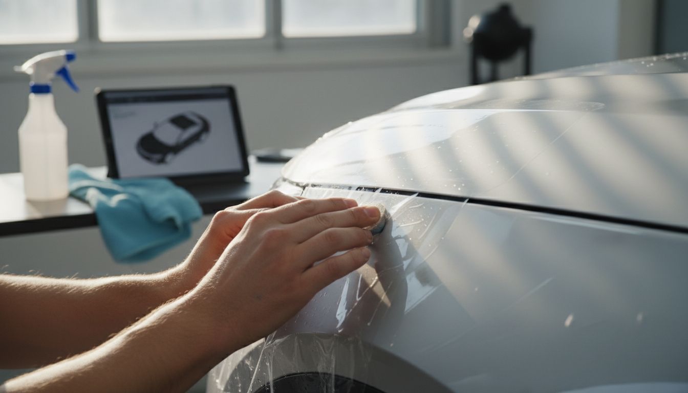 Hands applying film to car fender