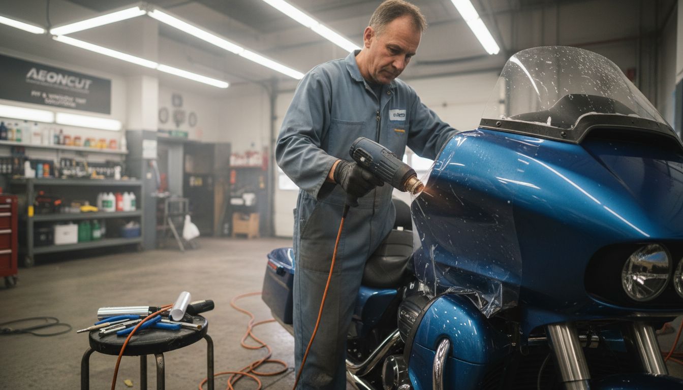 Installer using heat gun on motorcycle film