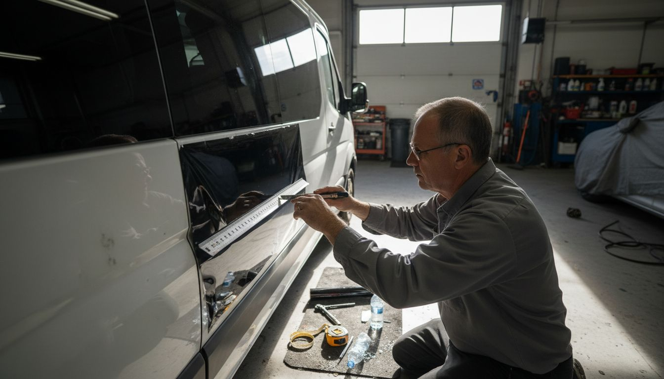 Installer measuring and cutting tint film