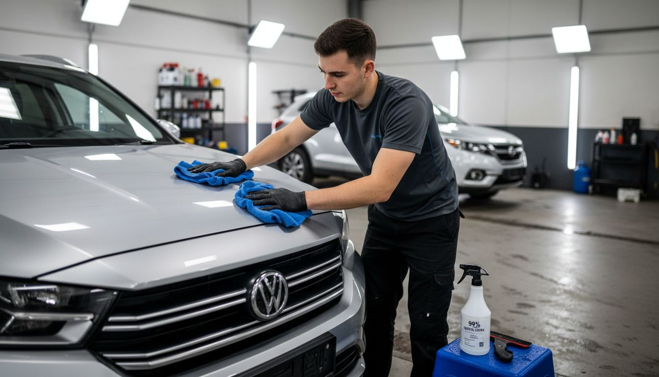Technician cleaning vehicle hood for PPF