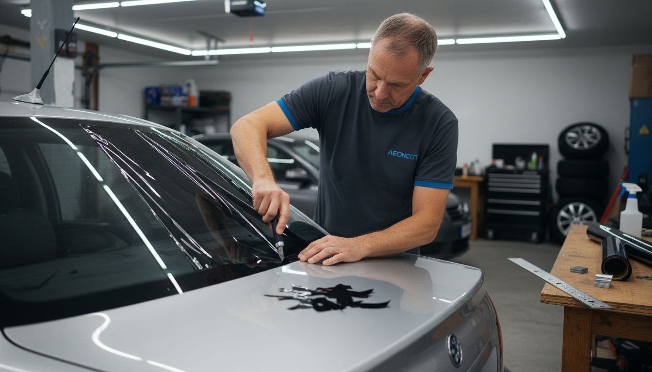 Man cutting window tint film with knife
