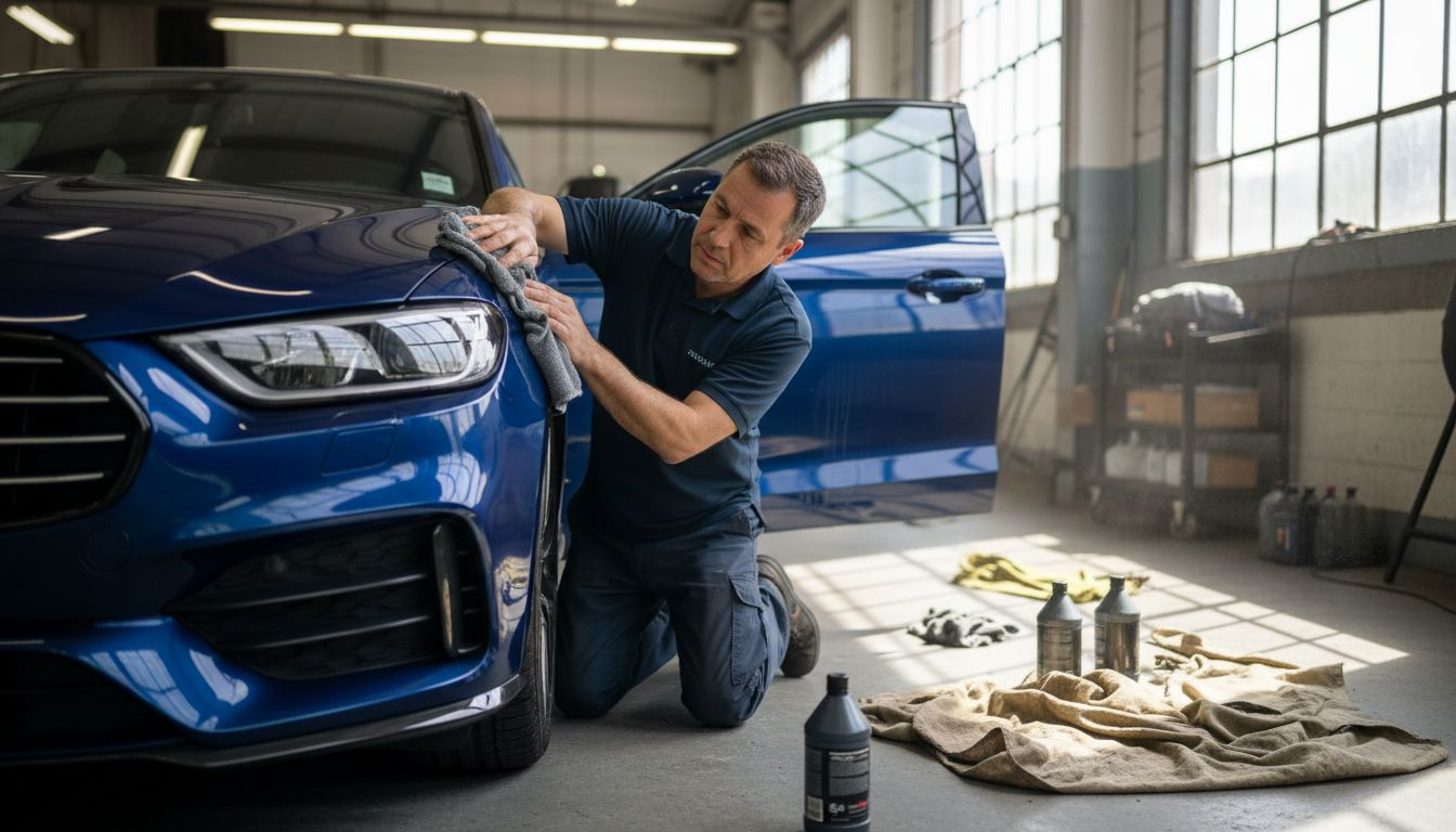 Installer buffing ceramic coating on SUV panel