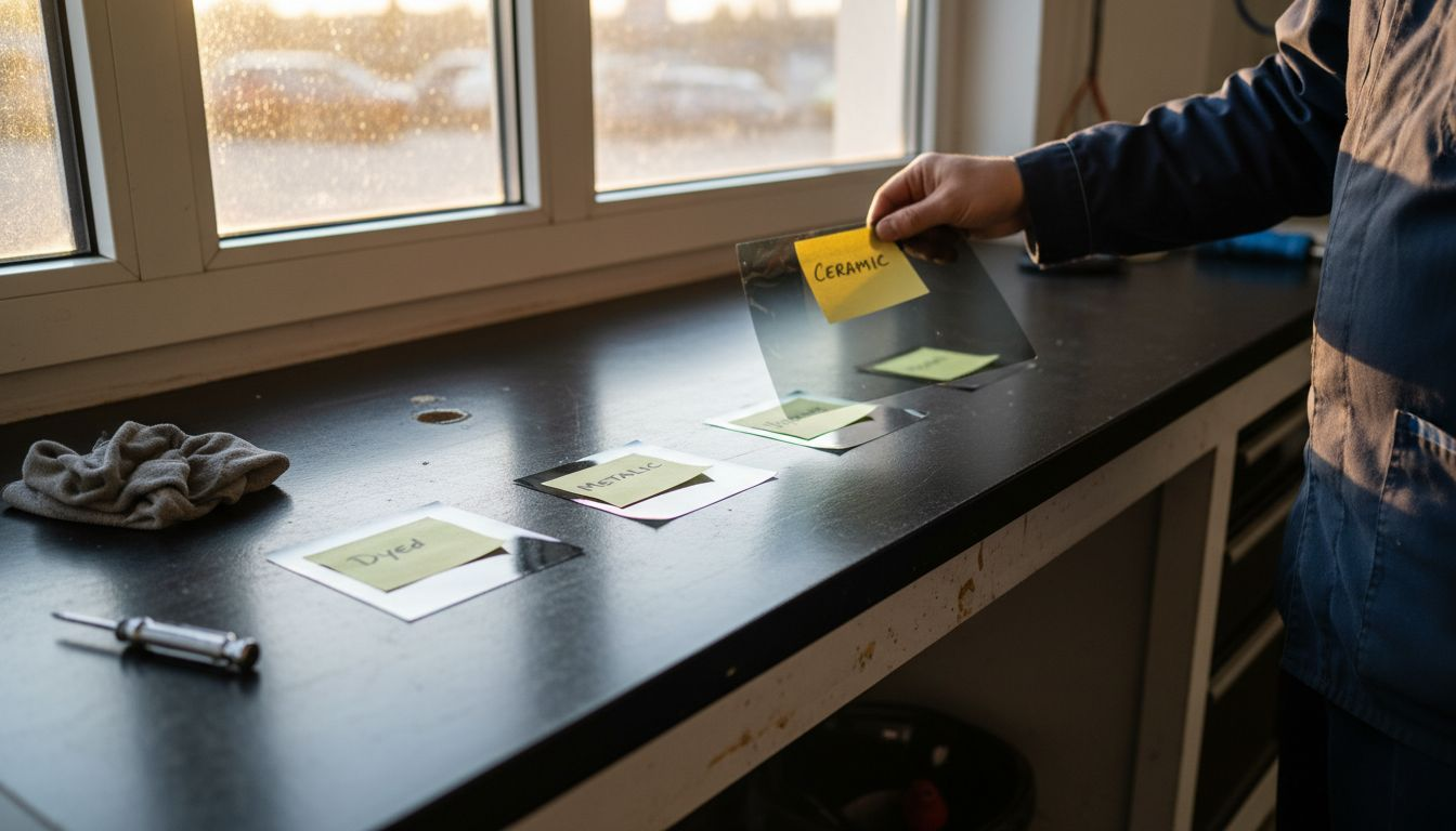 Car window UV film samples on countertop