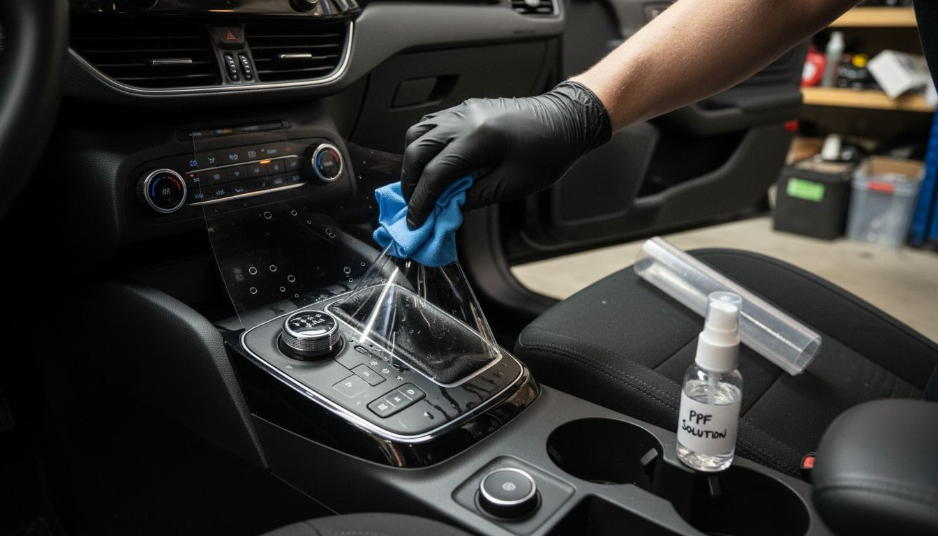 Close-up of car interior protective film installation