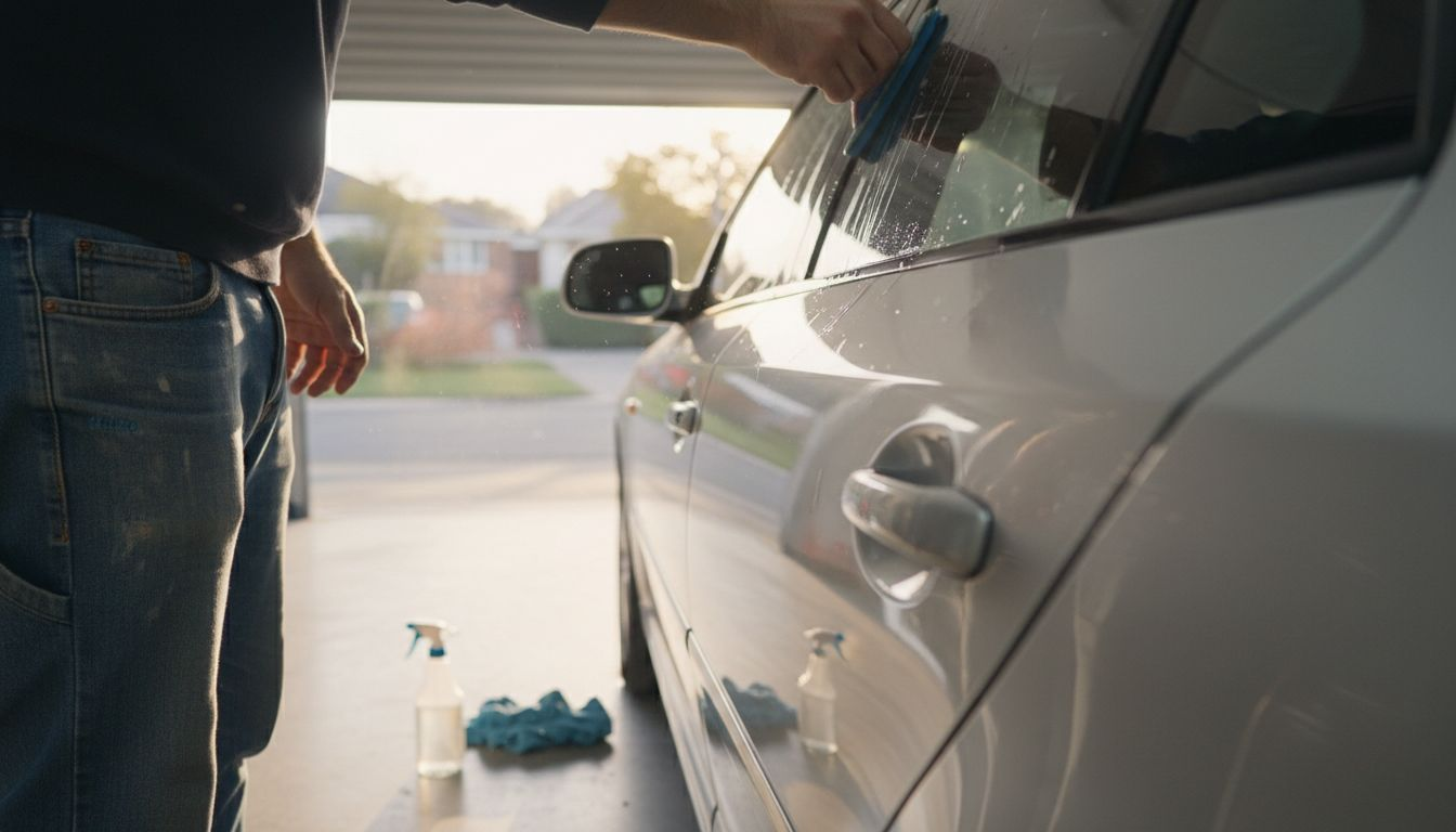Close-up hands installing UV window film