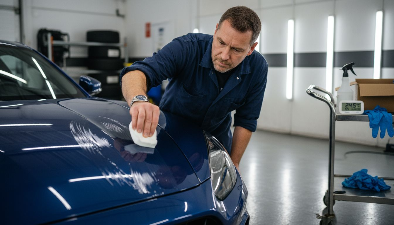 Detailer applies nano coating on car hood