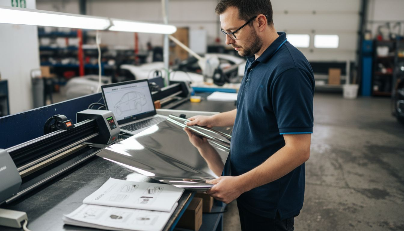 Technician prepares tint film with digital cutter