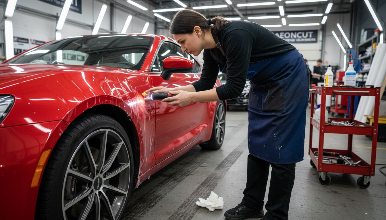 Installer checks bubbles under film