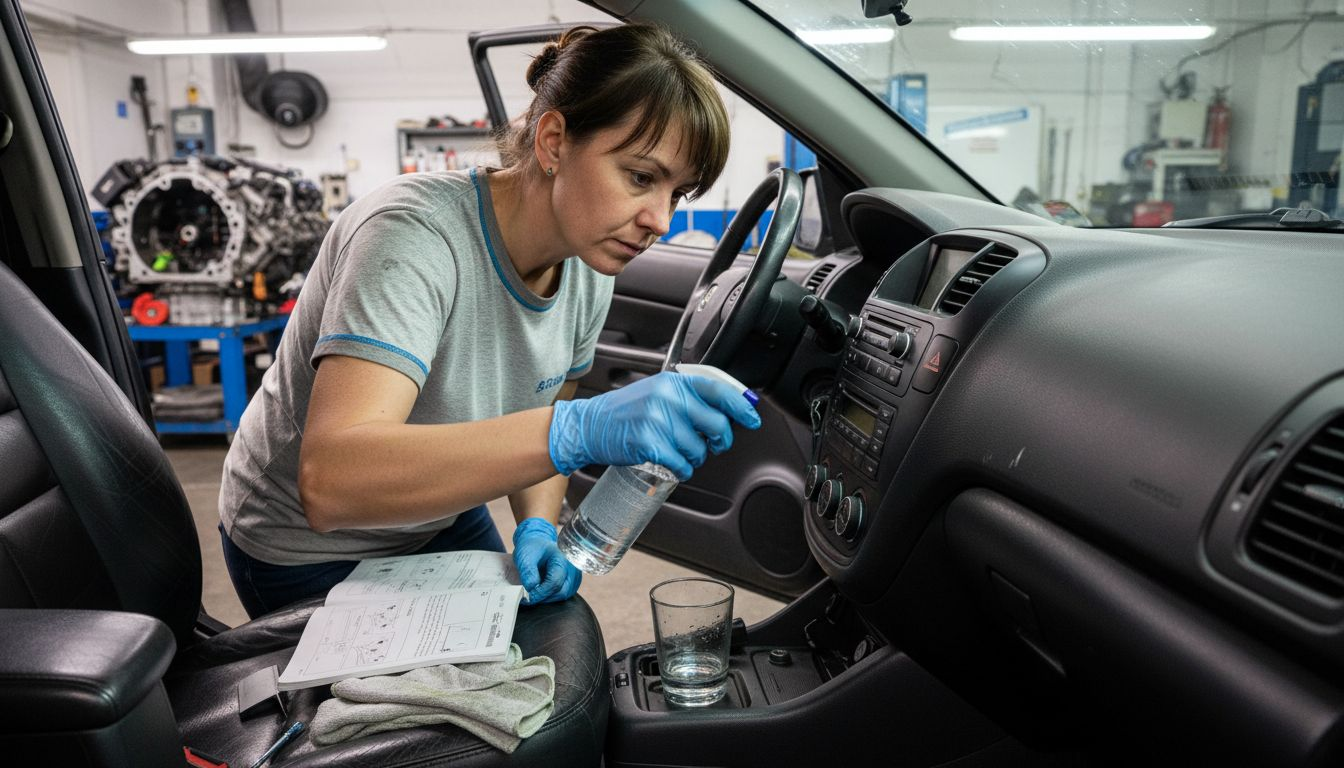 Installer applying leather protectant to dashboard
