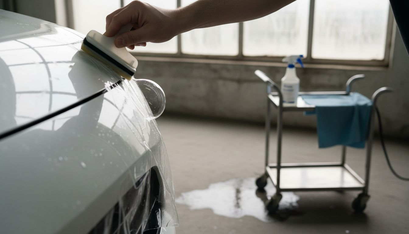 Close-up of installer removing PPF air bubble