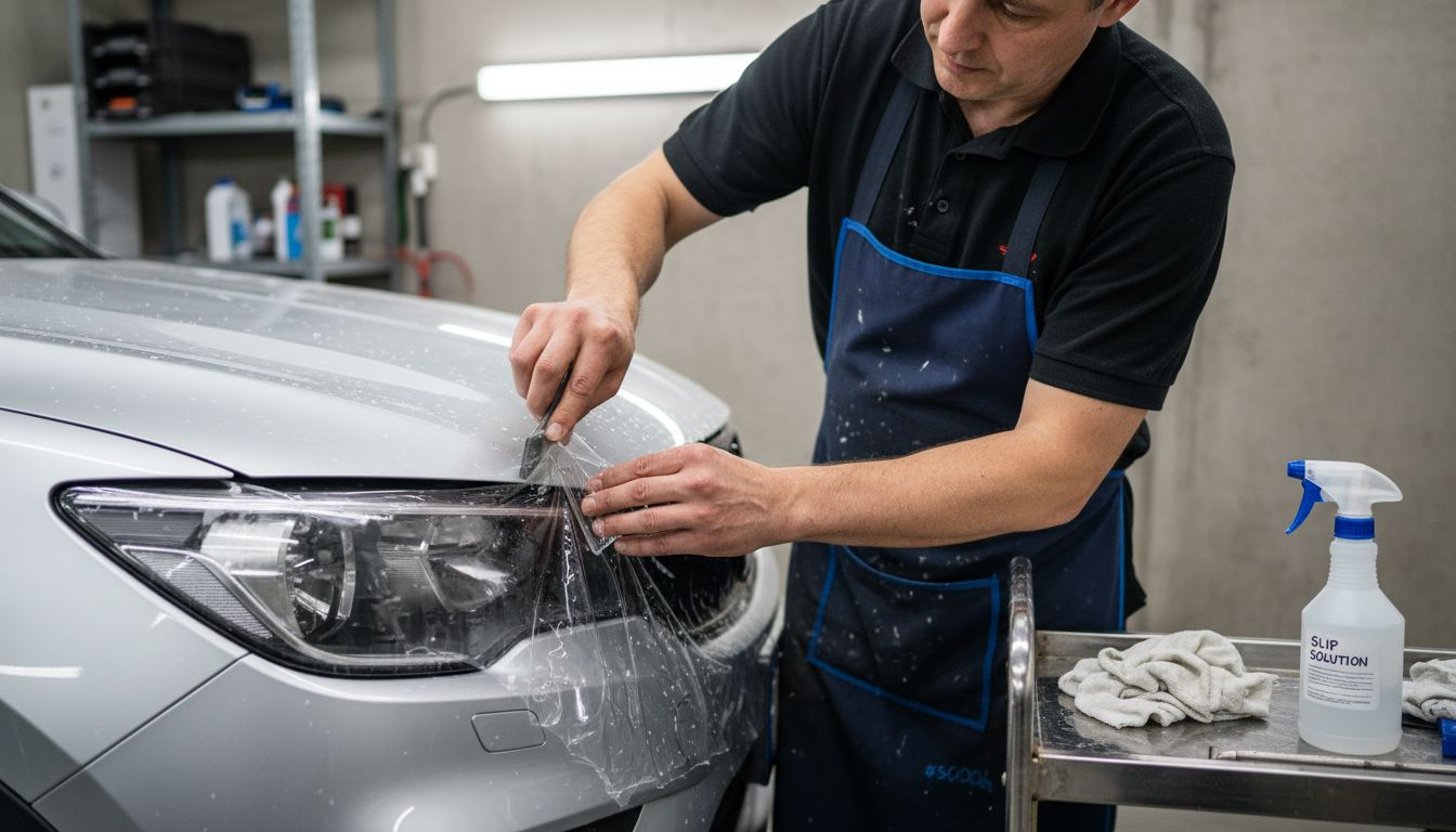 Closeup hands applying paint protection film