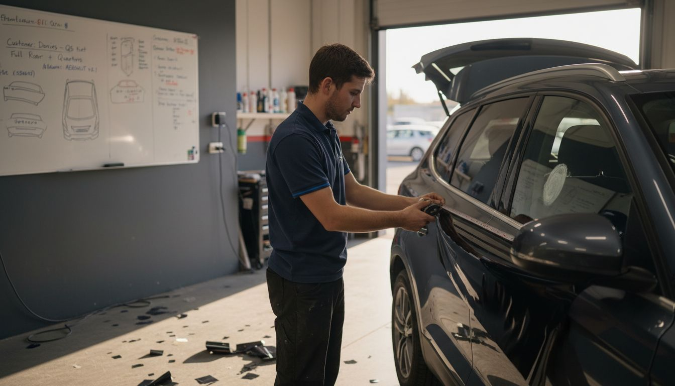 Technician measuring car window for tinting
