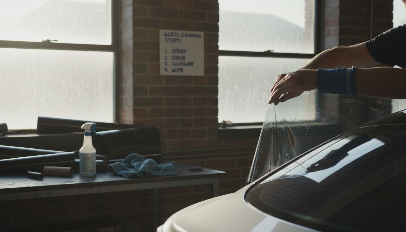 Tint film being applied to Tesla window