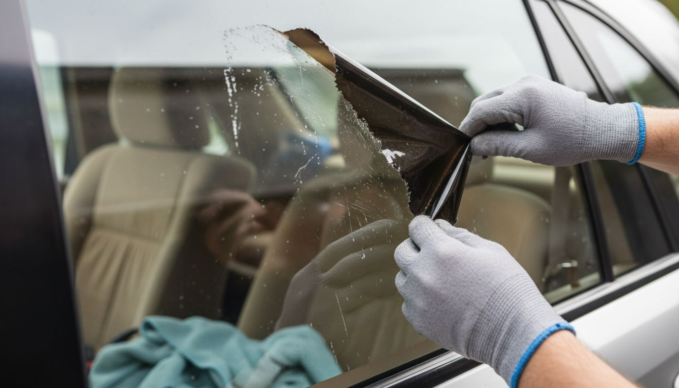 Hands carefully peeling window tint film
