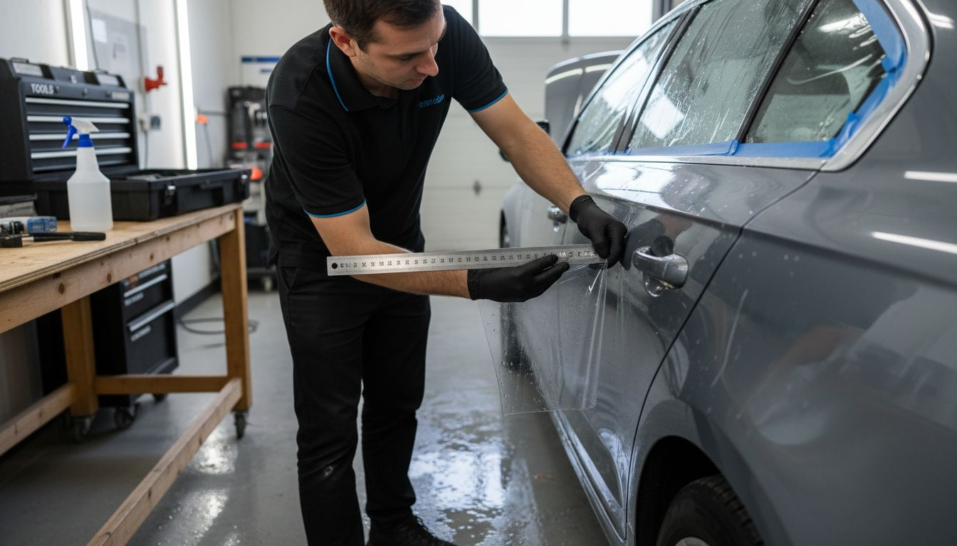 Installer measuring car door for film cut