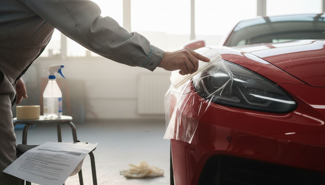 Close up of PPF installation on car fender