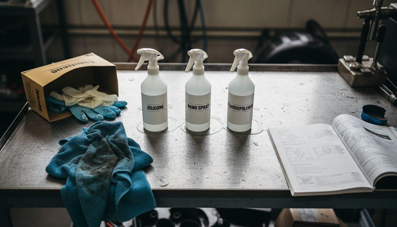 Car fabric protection solutions displayed on work table