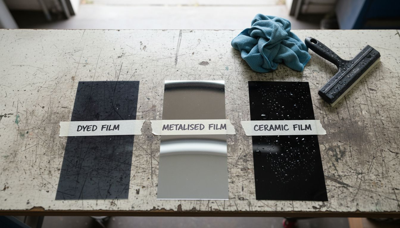 Window tint film samples with labels on bench