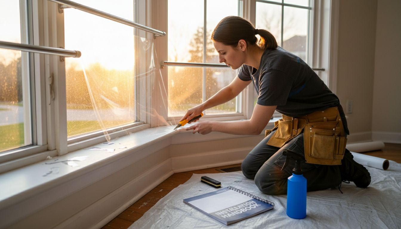 Technician trimming window film with tools