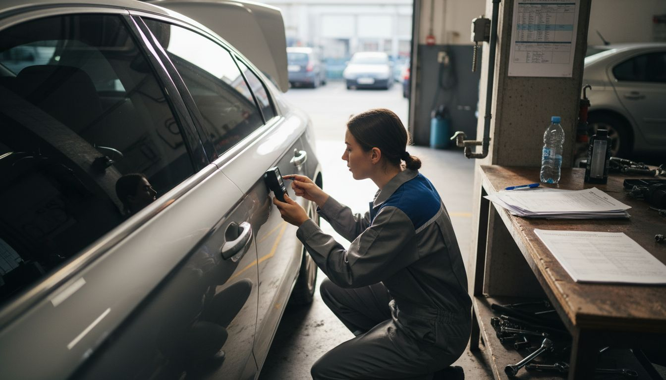 Technician checking tint law compliance on car