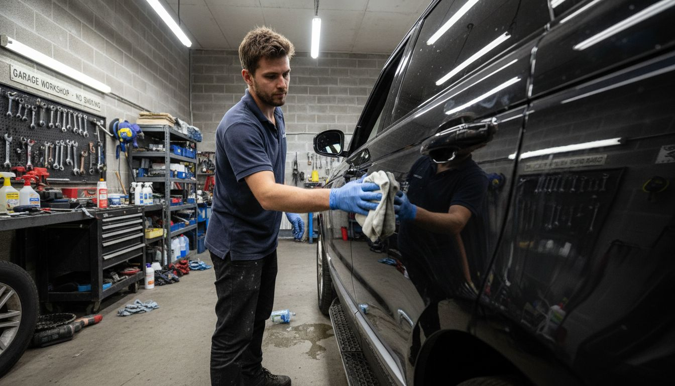 Technician applying ceramic coating to car