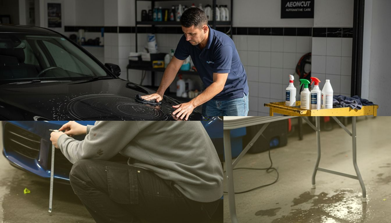 Technician measuring bumper for film pattern