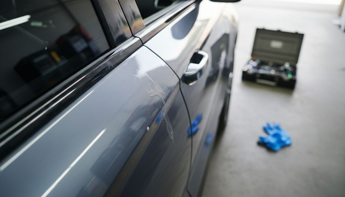 Close-up of car PPF defects and bubbles