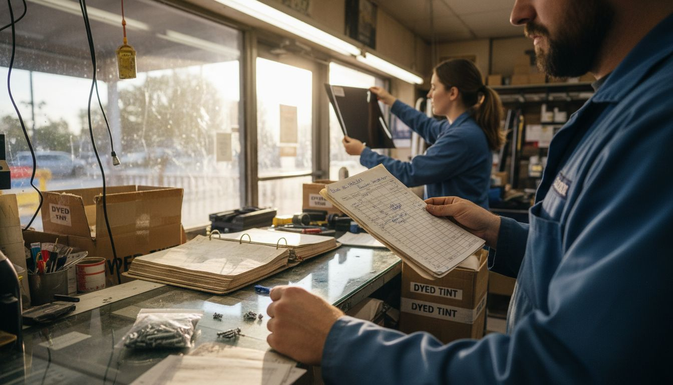 Workers comparing dyed film samples in shop