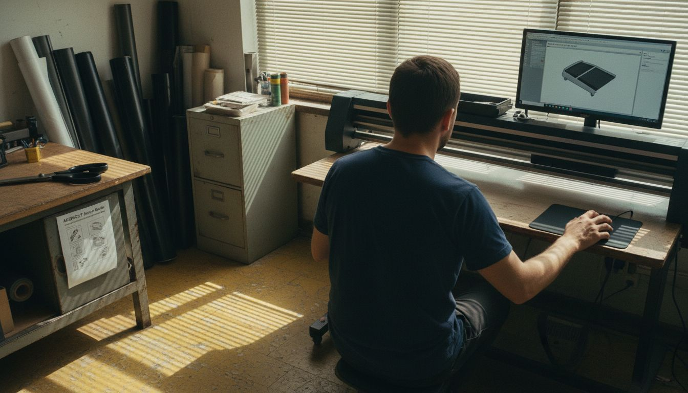 Installer using cutting software in window tint shop