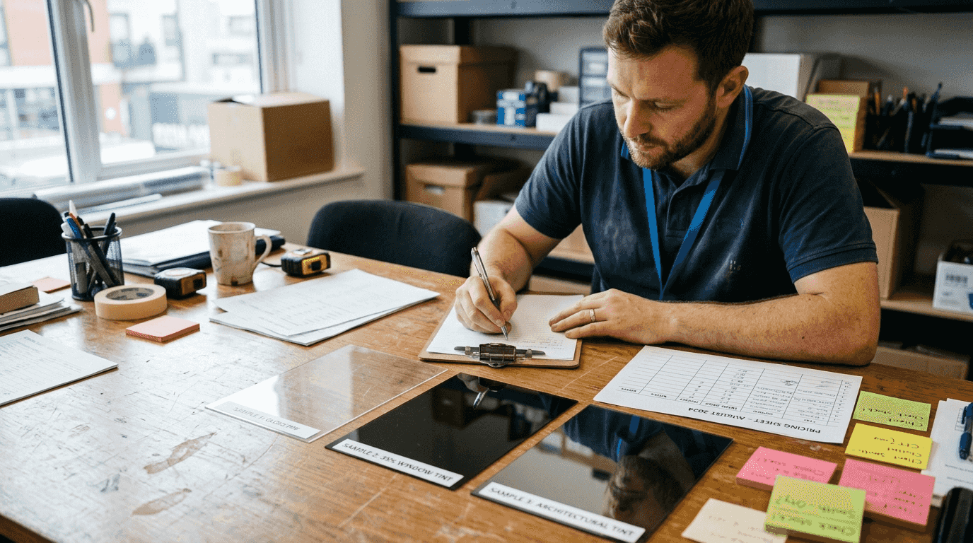 Installer reviewing window film pricing samples