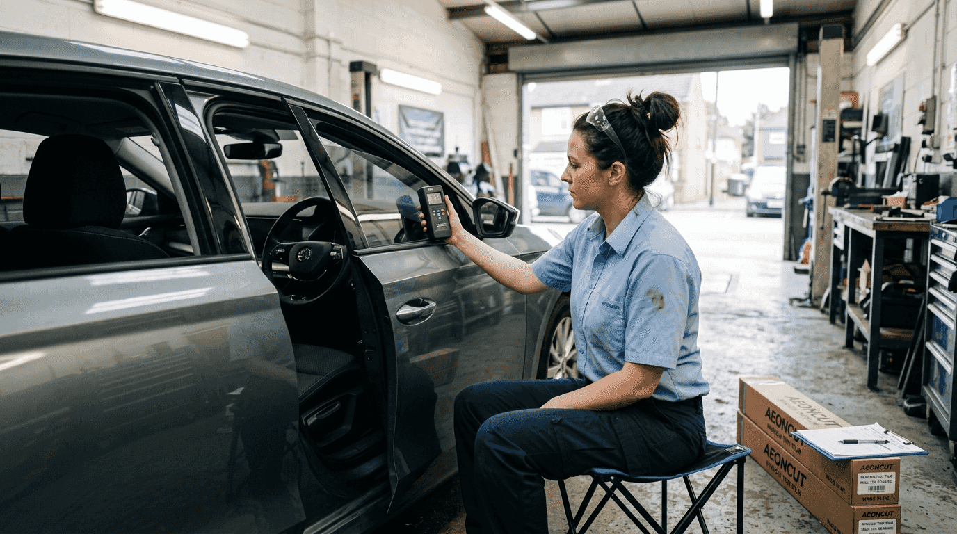 Technician measures car window VLT percentage