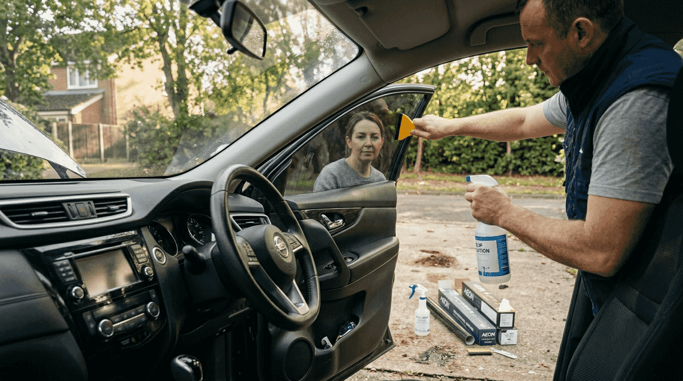 Installer applying ceramic tint on driveway