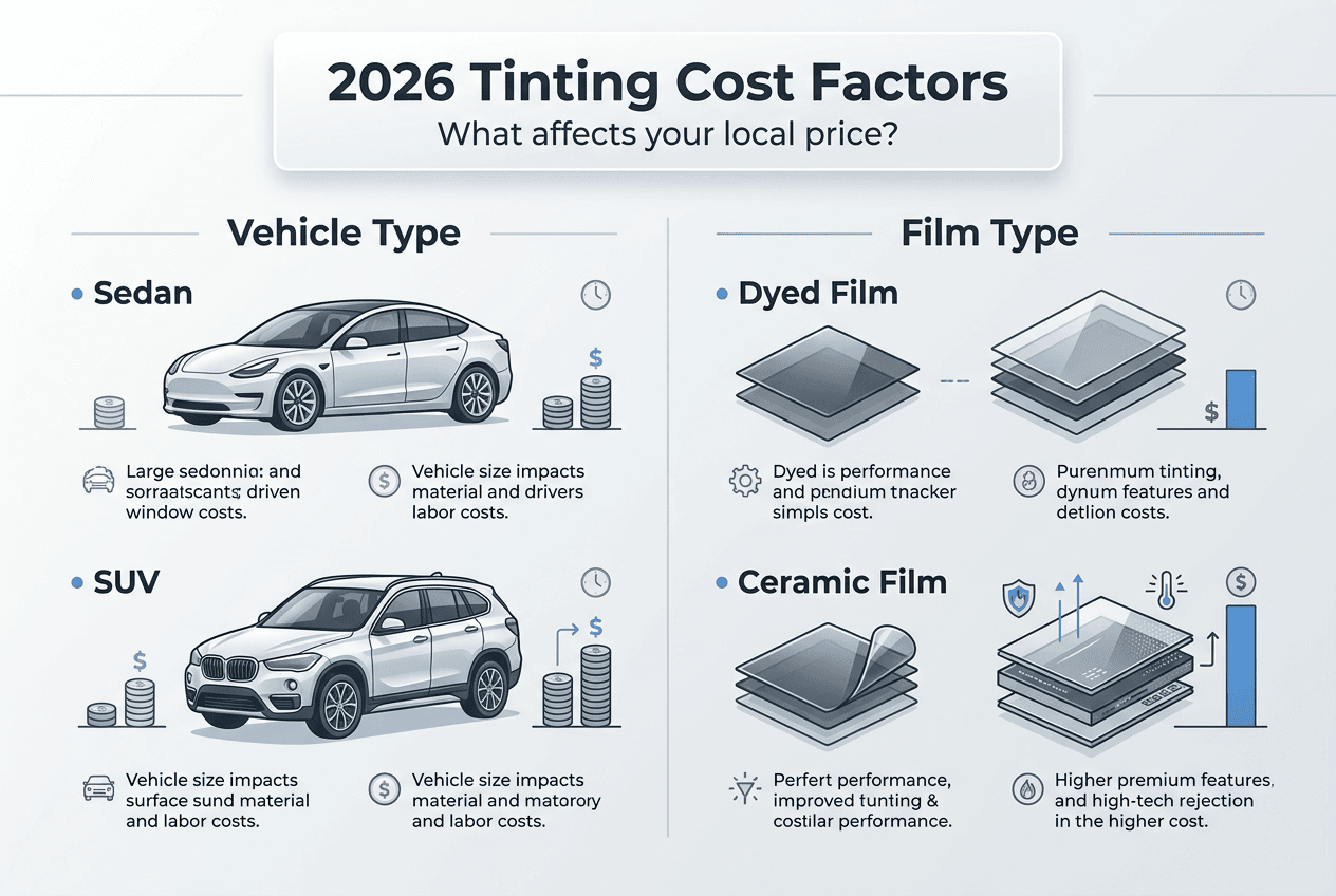 Window tinting cost factors with vehicle and film types