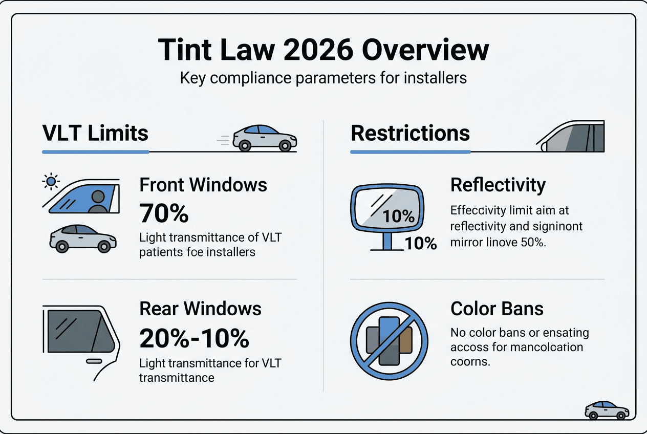 Infographic showing vehicle tint law parameters