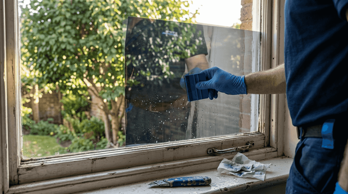 Metalized tint film installation close-up