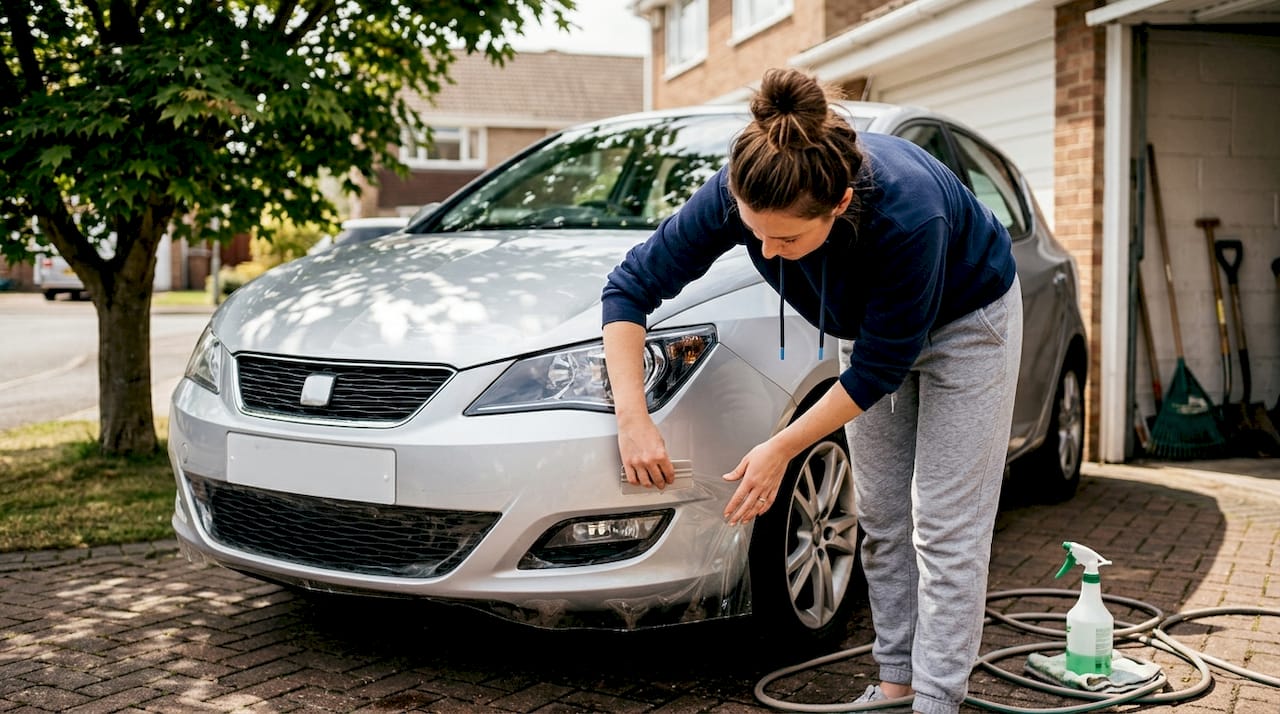 DIY application of car protection film outdoors