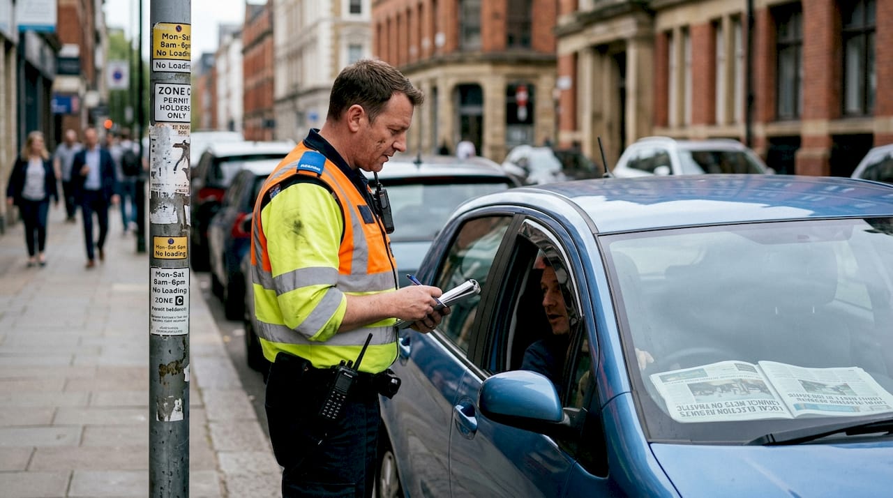 Traffic officer inspecting car window tint