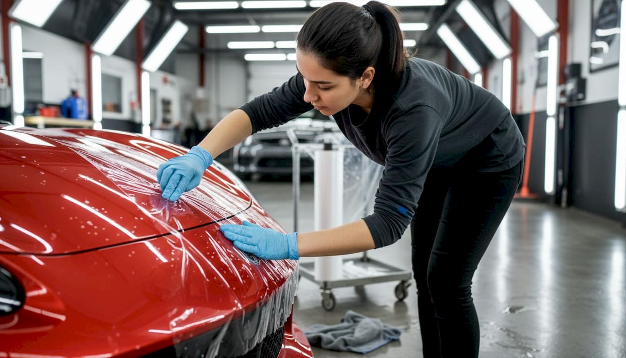 Detailer applies film to car bonnet edge