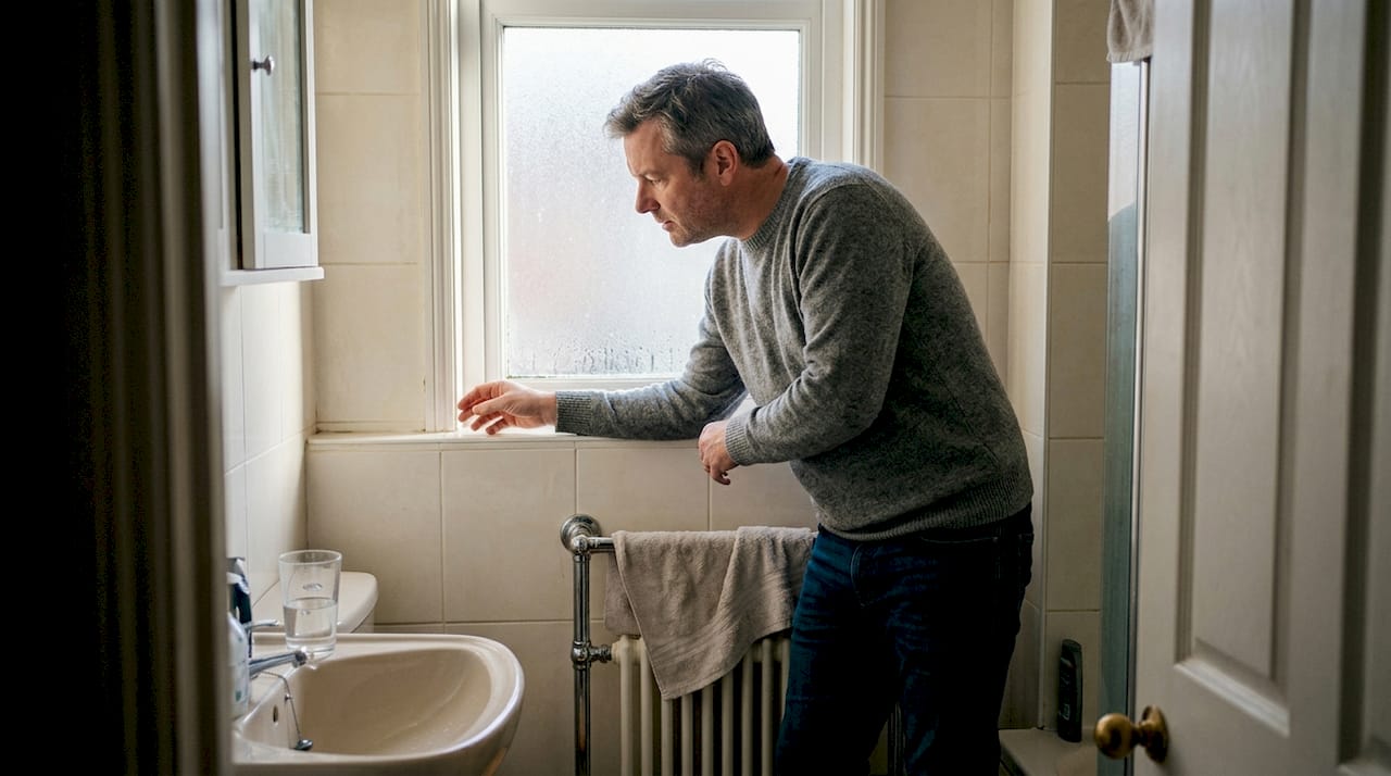 Homeowner inspecting tile in West London bathroom