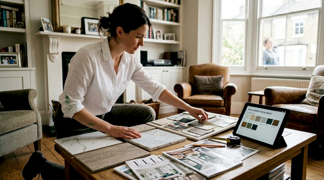 Designer arranging bathroom tile samples and mood board