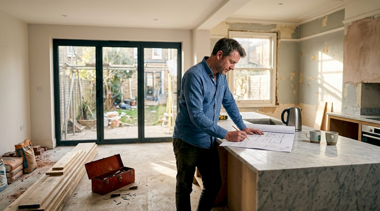 Homeowner checks plans in London extension kitchen