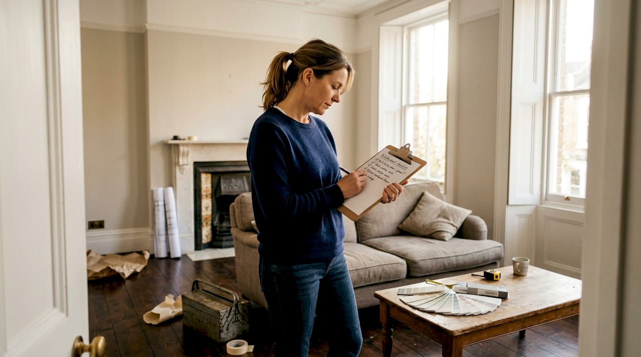 Woman reviews refurbishment checklist in London home