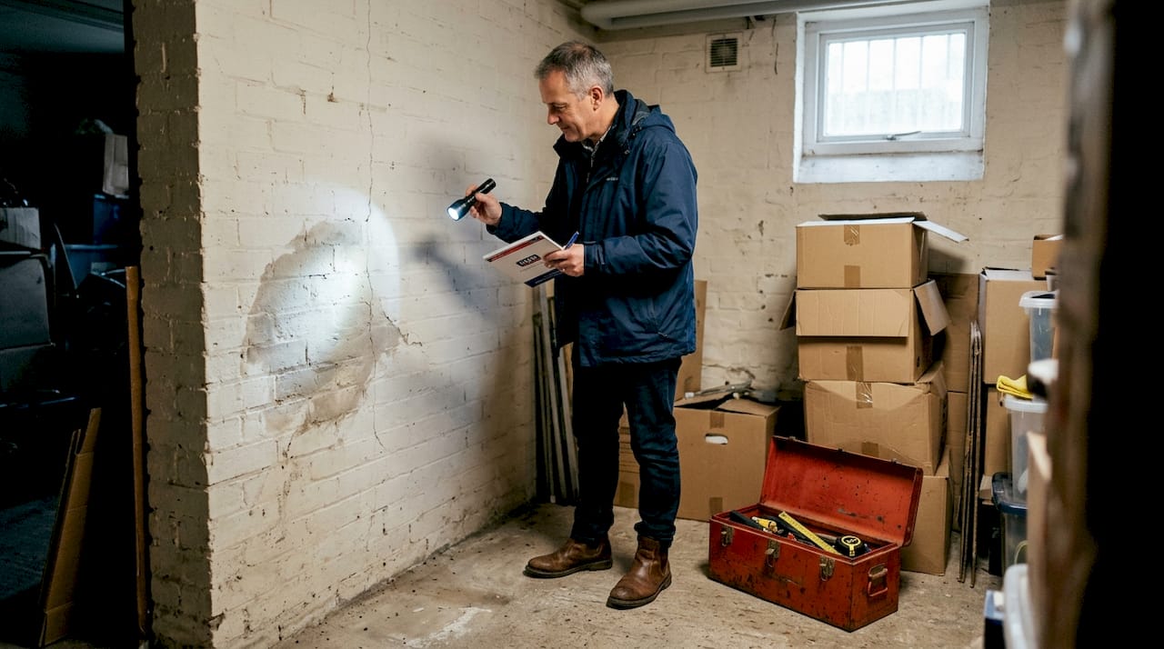 Surveyor inspecting basement walls in London home