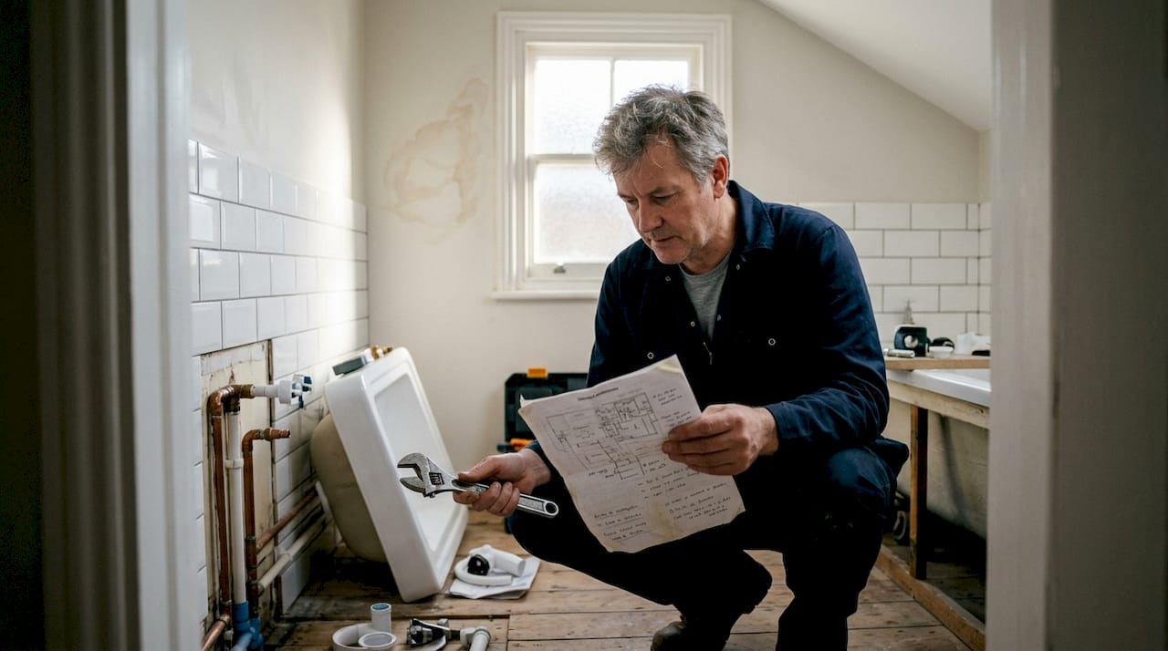 Plumber installing loft bathroom utilities