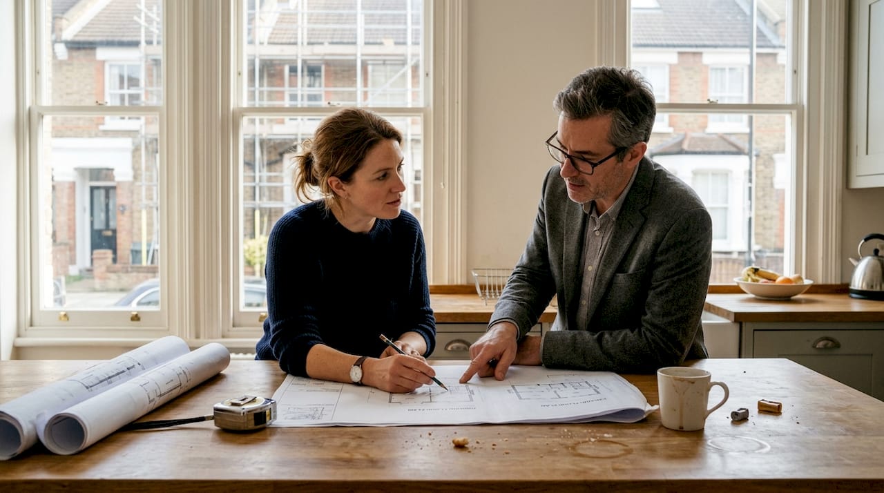 Homeowner and architect review extension plans