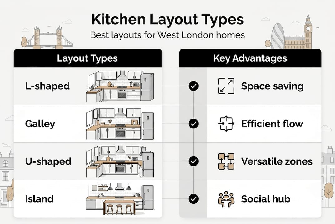 Infographic comparing kitchen layout types