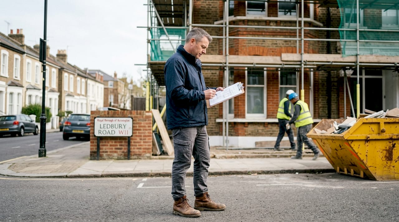 Supervisor inspects renovation outside West London home