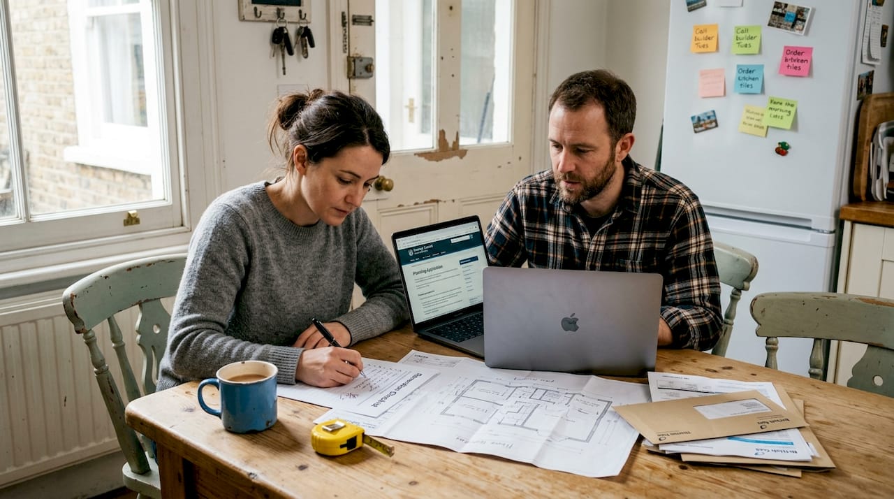 Couple planning home refurbishment at table