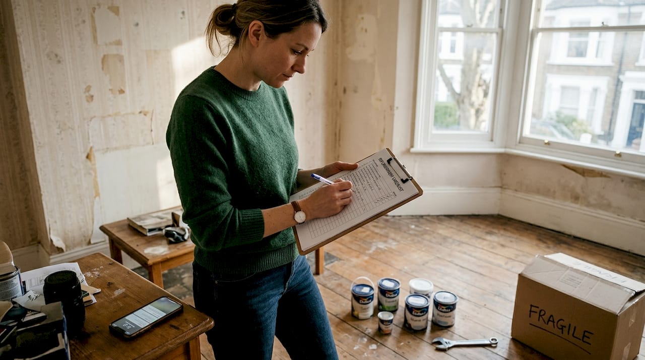 Homeowner using checklist in living room