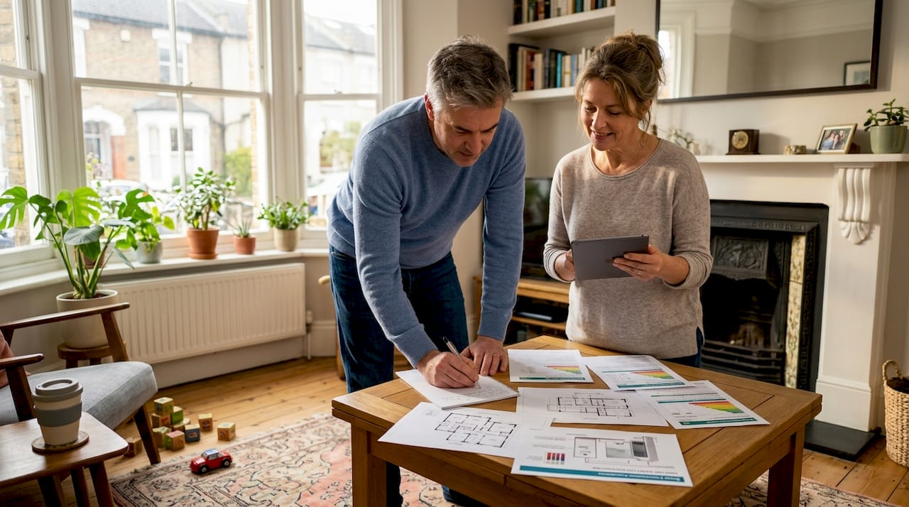 Couple reviewing retrofit plans in London home